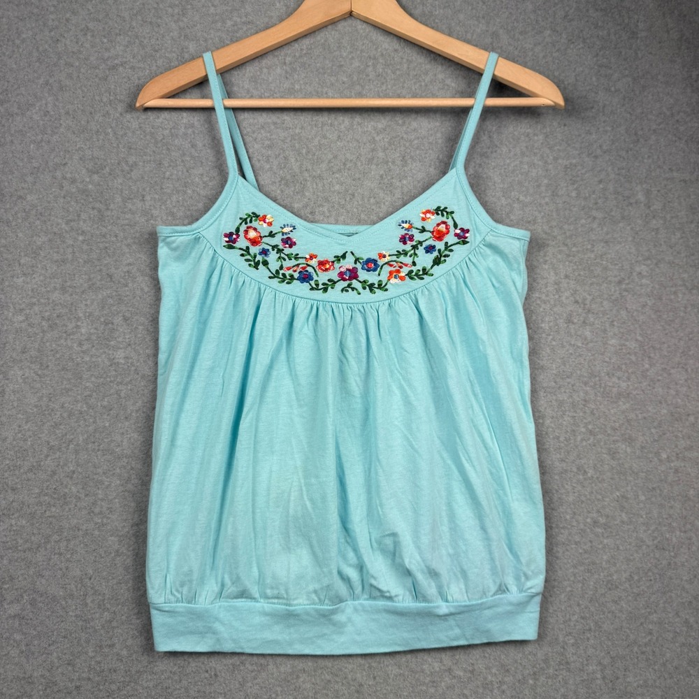 VTG Energie Tank Top Womens Medium Blue Embroidered Y2K Cami Floral Bubble NEW